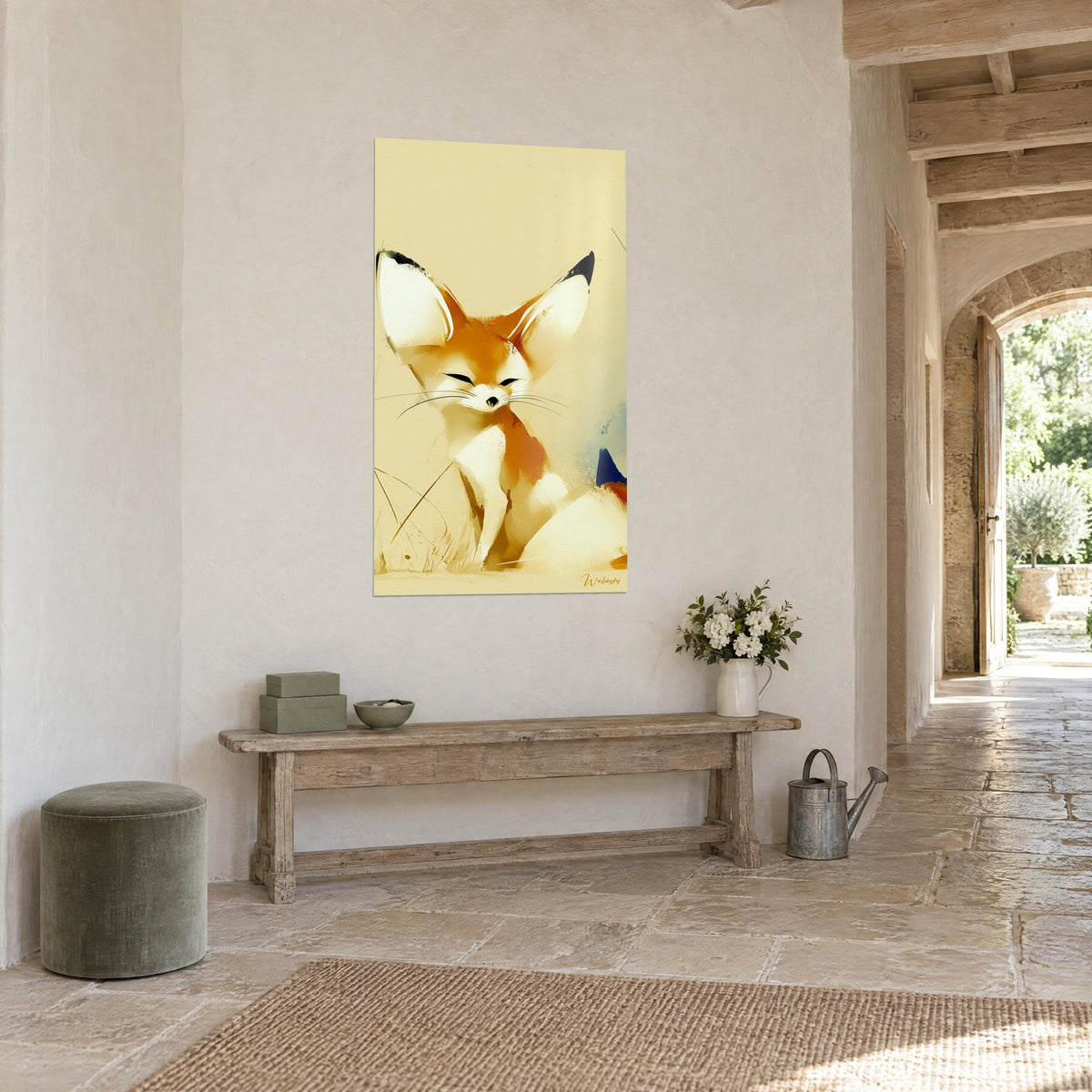 Wall art peaceful desert fox cub on golden sand background, white and russet fur, hung in a vaulted stone corridor