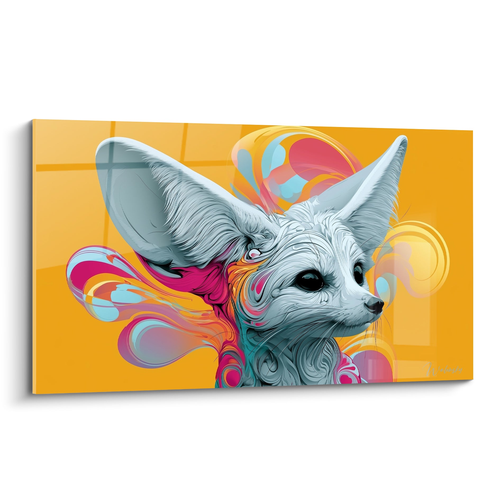 Fennec blanc aux volutes roses et turquoise sur fond jaune moutarde, style numérique détaillé