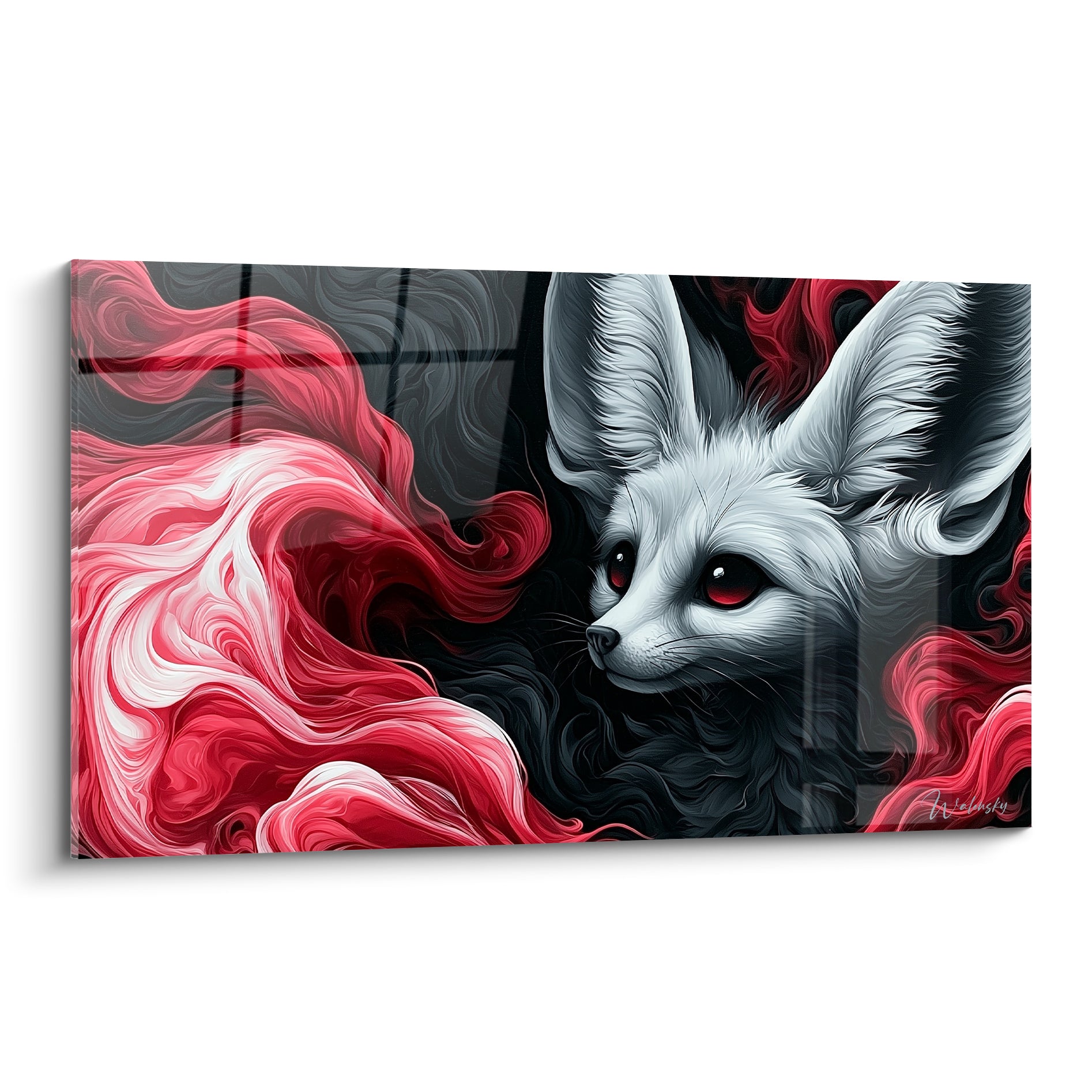 Fennec blanc aux yeux rouges surgissant de volutes écarlates sur fond anthracite intense
