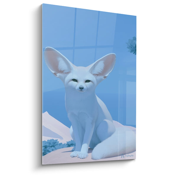 Tableau Fennec blanc et bleu ciel dune monochrome - Yeux verts émeraude - Edition Fennec
