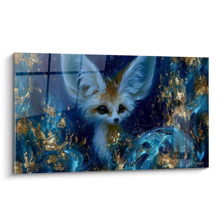 Tableau Fennec aux tourbillons bleus et dorés - Songe nocturne doré - Edition Fennec