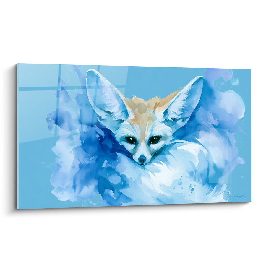 Tableau Fennec bleu et blanc en aquarelle - Douceur des sables bleus - Edition Fennec
