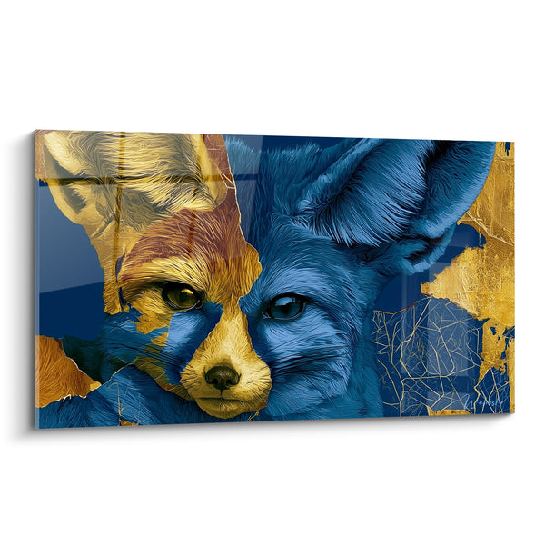 Tableau Fennec bleu et doré aux fissures craquelées - Visage dédoublé fracturé - Edition Fennec