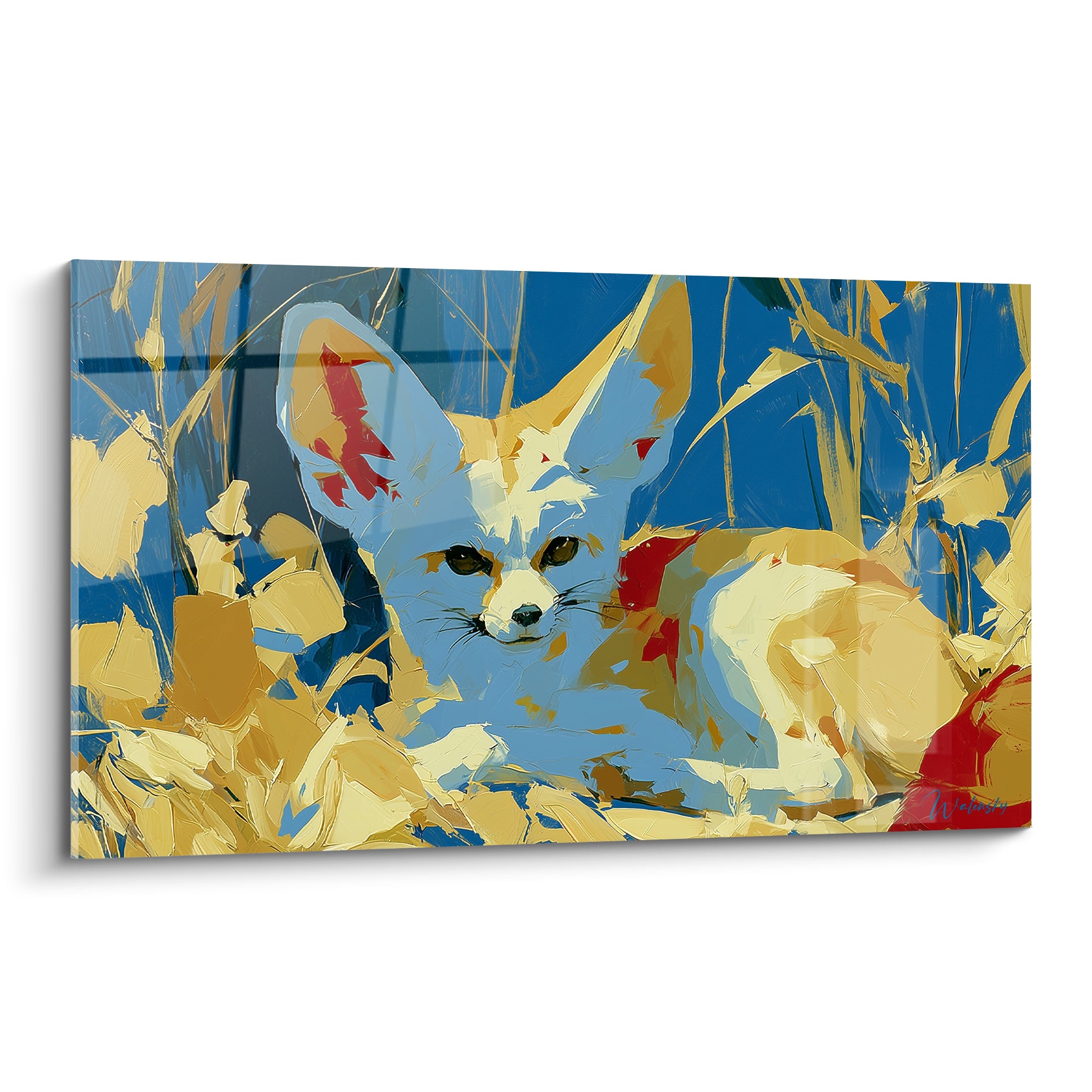 Fennec bleu et doré allongé dans les herbes, regard vif, touche picturale expressive et empâtée