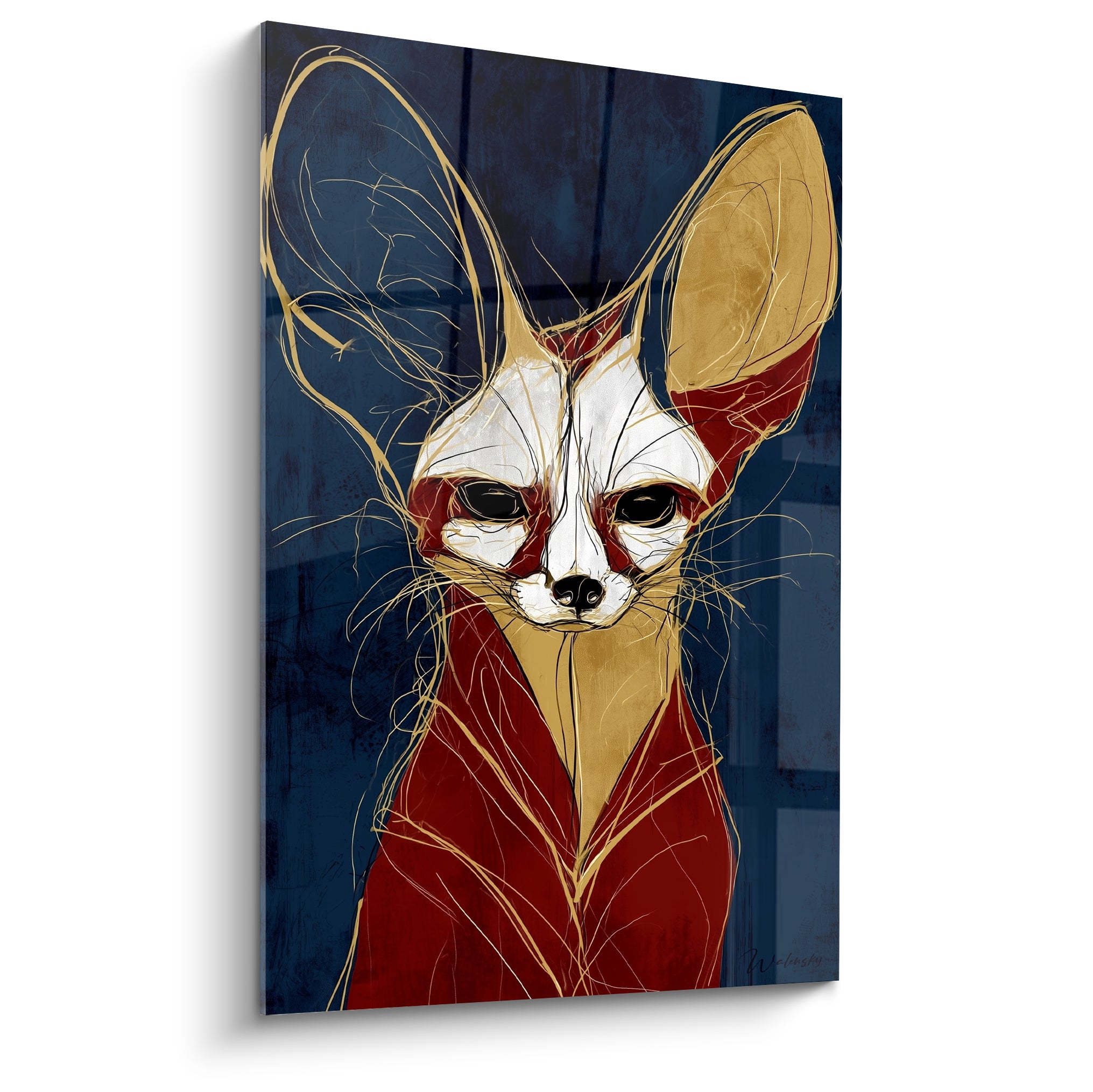 Fennec au regard sombre, oreilles dorées et pelage rouge terracotta sur fond bleu marine