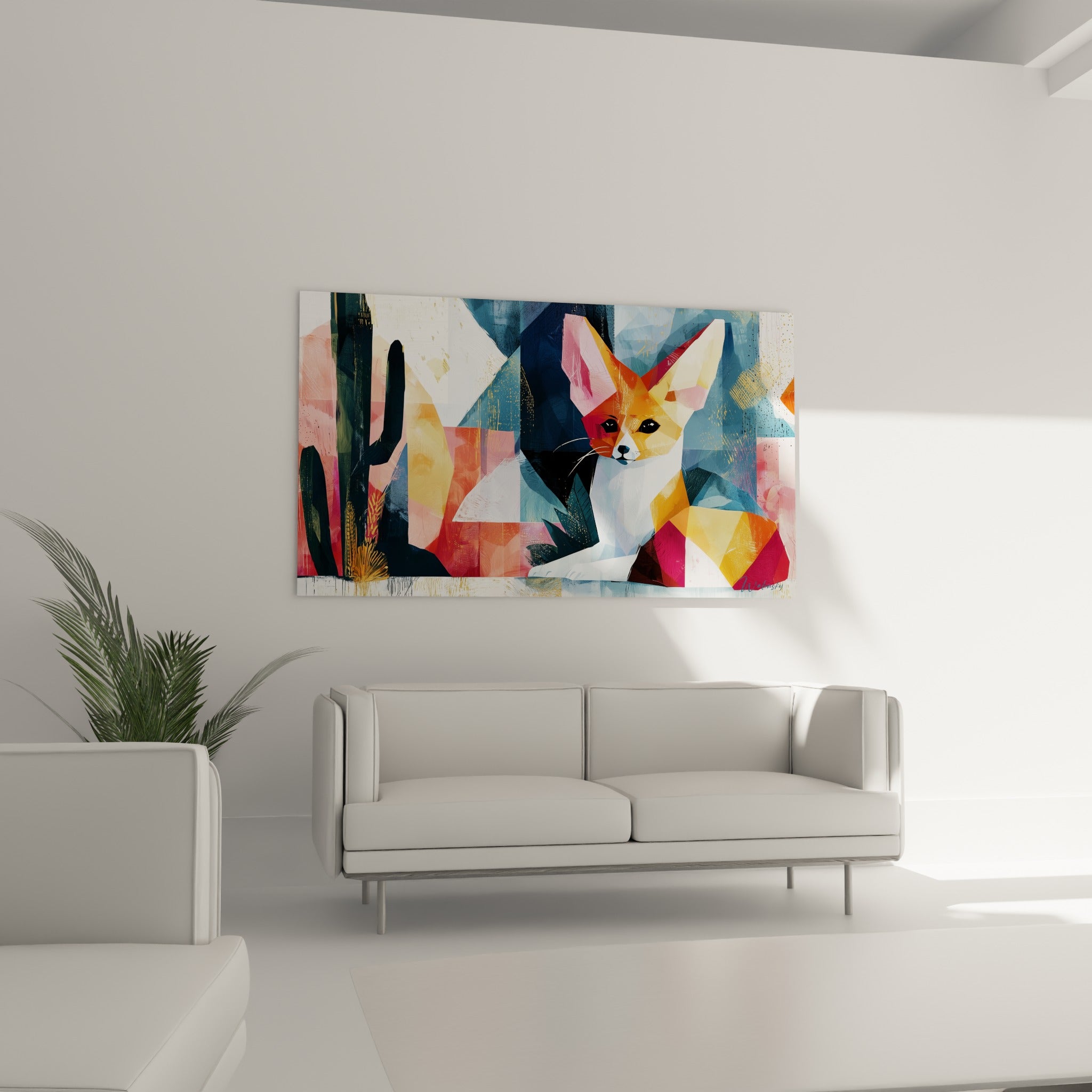 Regard perçant du fennec entouré de fragments bleu marine et blanc cassé au-dessus d'un canapé dans un salon lumineux