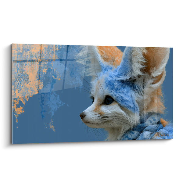 Tableau Fennec bleu et orange profil textile drapé - Motif quadrillé délavé - Edition Fennec