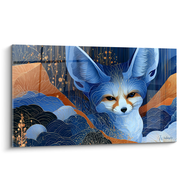 Tableau Fennec bleu et orange aux dunes stylisées - Veille nocturne du désert - Edition Fennec