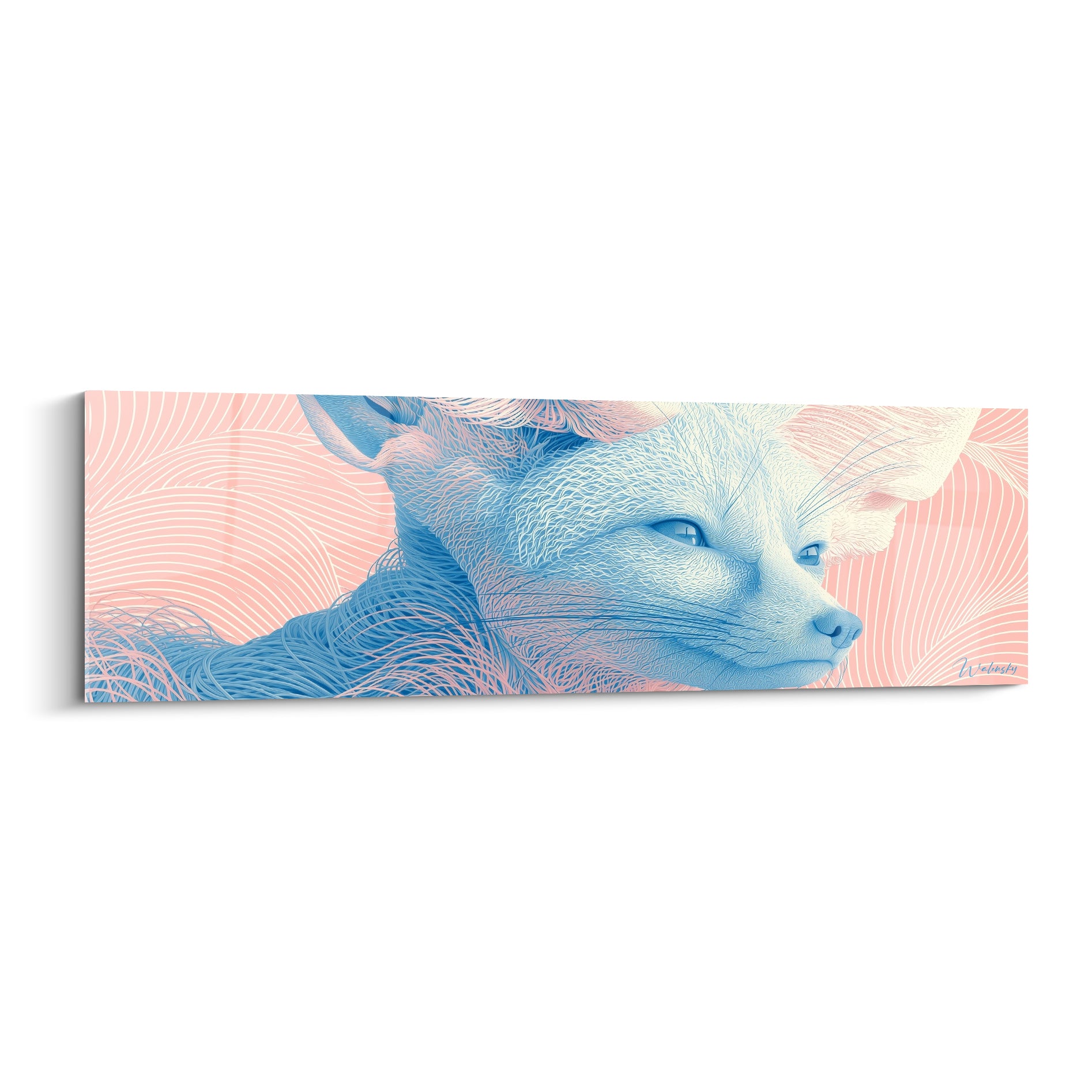 Fennec au regard bleu glacier, museau fin, fond rose saumoné en vagues graphiques ondulantes