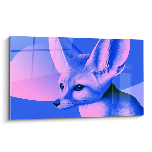 Tableau Fennec bleu et rose au clair de lune géométrique - Formes lunaires en fond - Edition Fennec