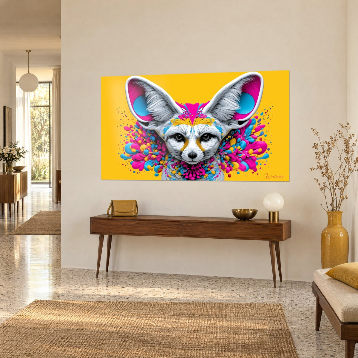 Cuadro fennec blanco rodeado de gotas de pintura magenta, turquesa y doradas sobre amarillo, en una pared beige sobre una consola
