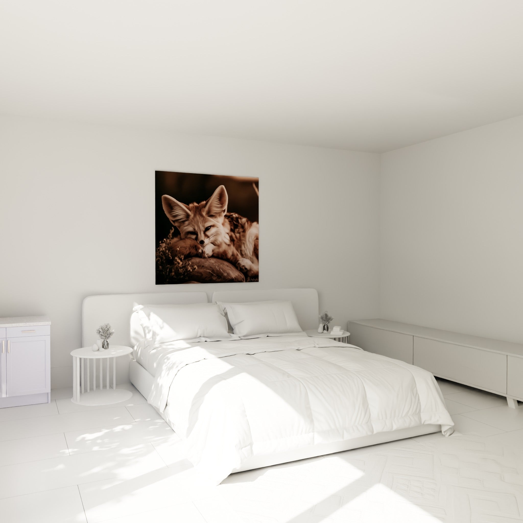 Museau noir et pelage roux du Fennec assoupi, au-dessus d'un lit dans une chambre claire