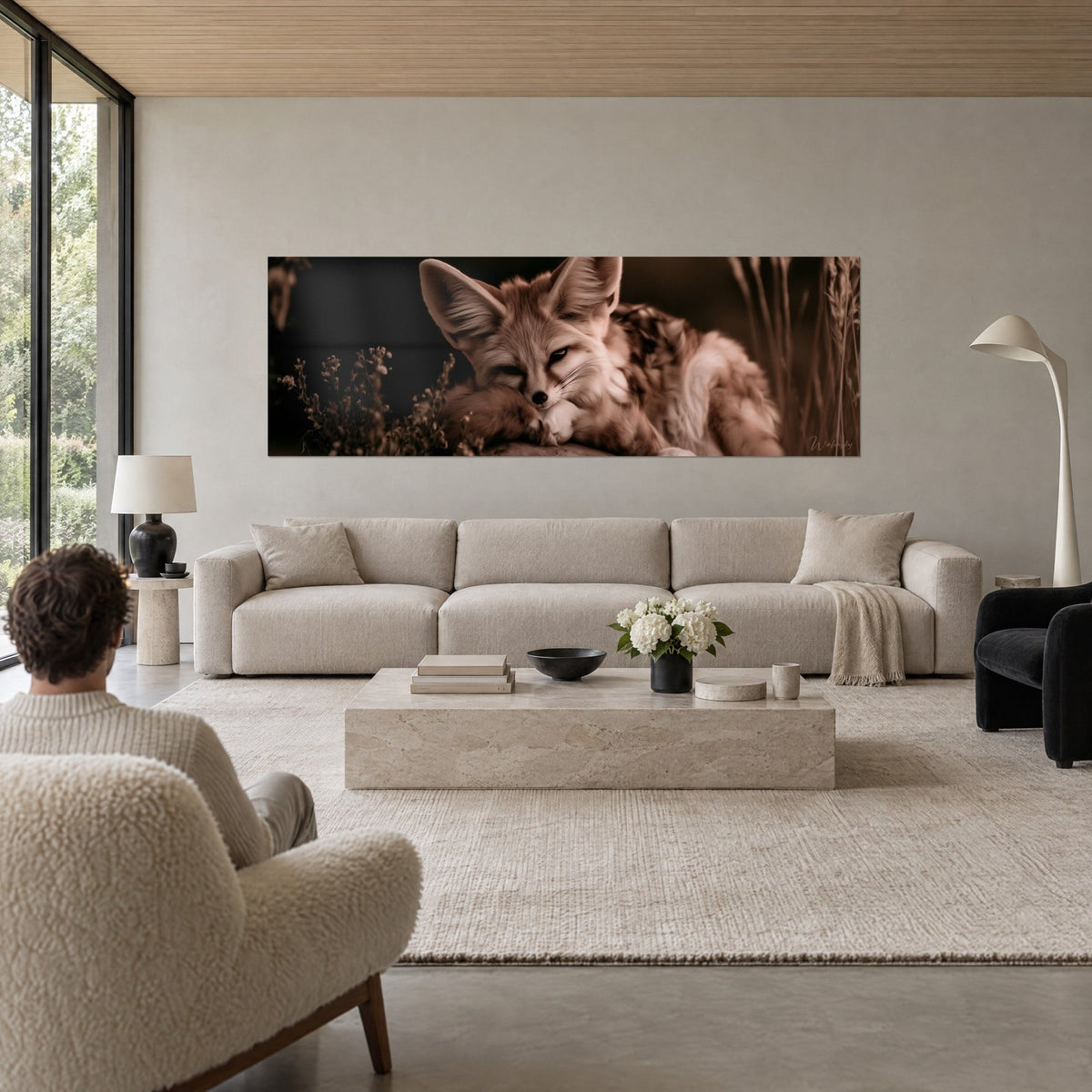 Wall art sleeping fennec fox with large beige ears, reddish-brown and brown fur, dark heather, above a sofa in a bright living room