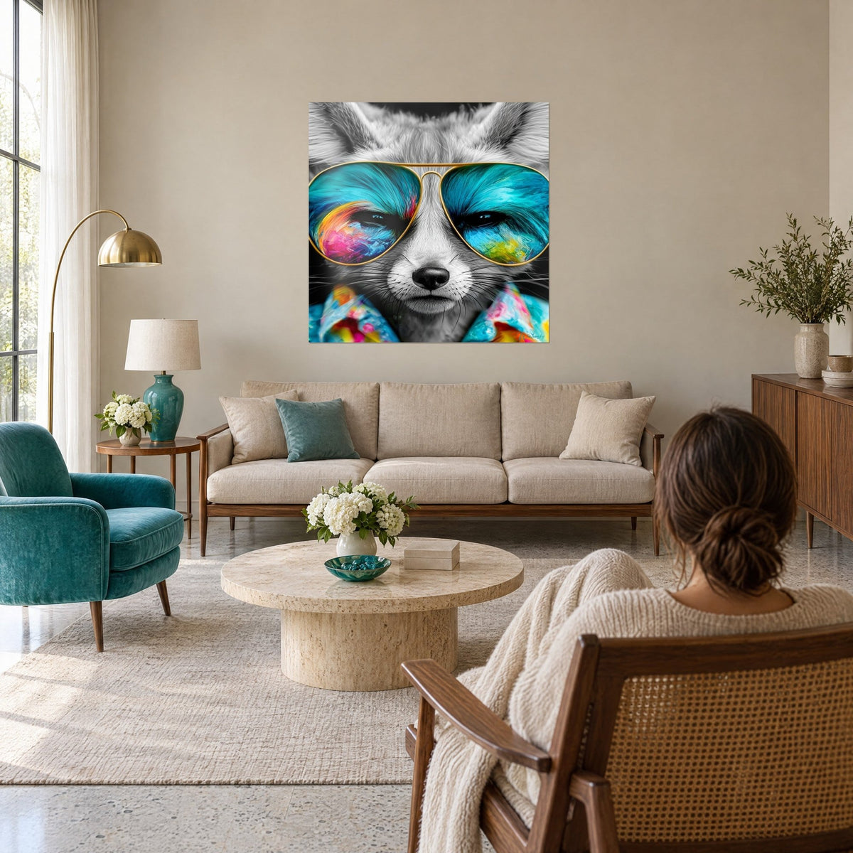 Gemälde Wüstenfuchs mit türkisfarbenen und goldenen Pilotenbrillen, graues Fell auf schwarzem Hintergrund, über einem Sofa in einem hellen Wohnzimmer