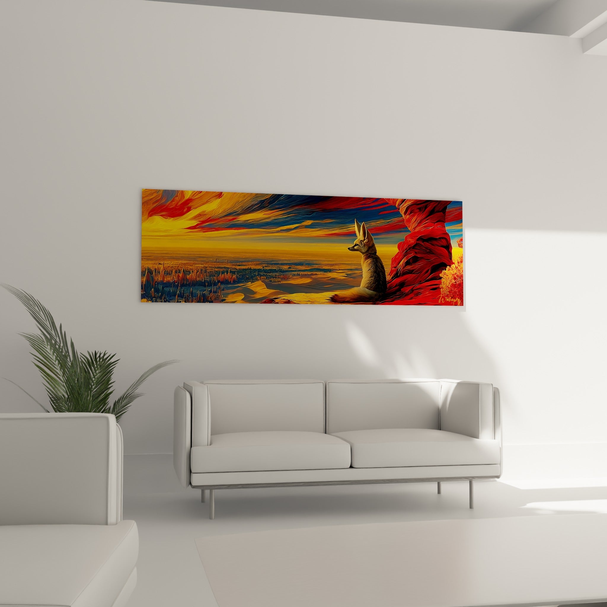 Renard des sables contemplant l'horizon bleu et doré, au-dessus d'un canapé dans un salon lumineux