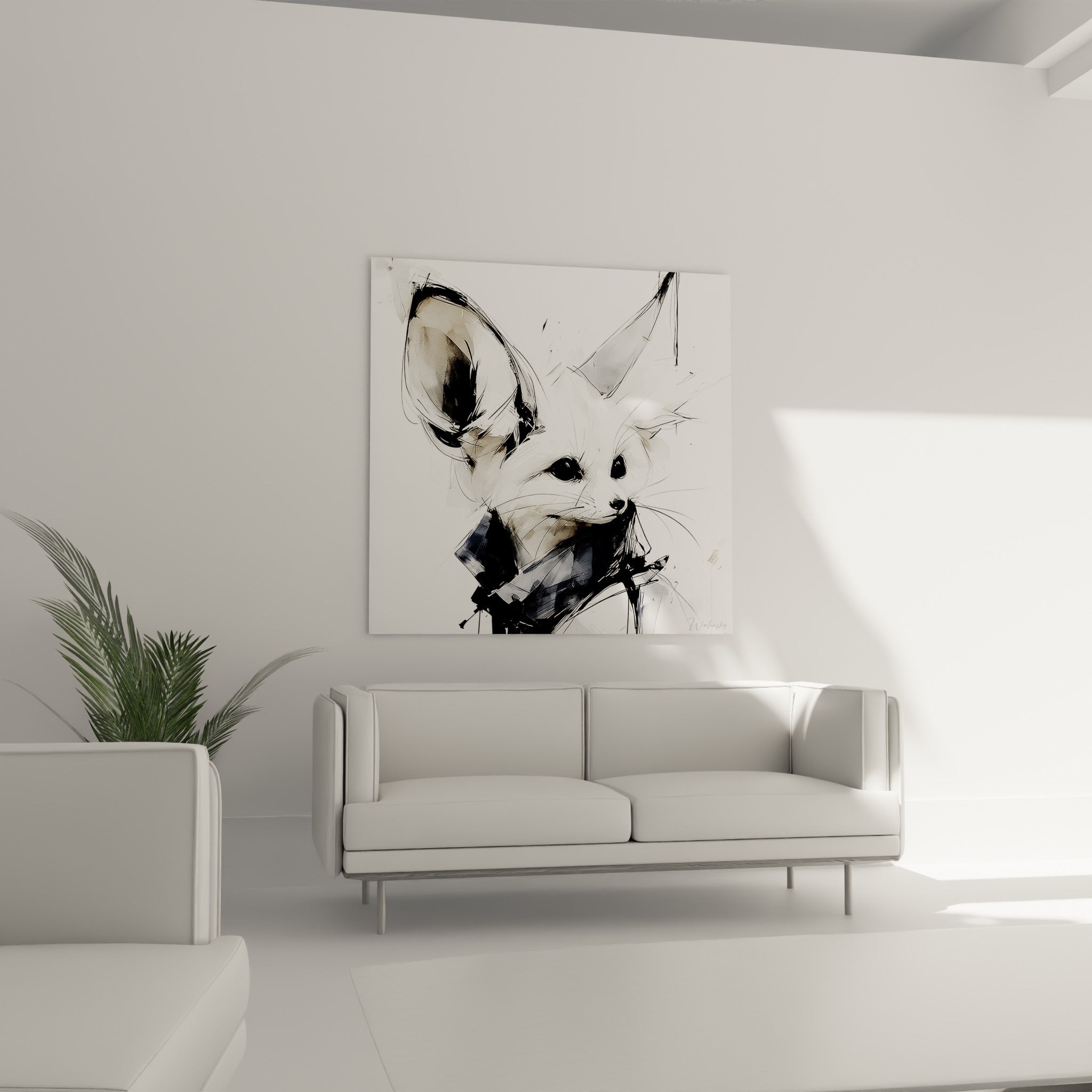 Museau de fennec au regard noir intense et col bleu marine, au-dessus d'un canapé dans un salon lumineux