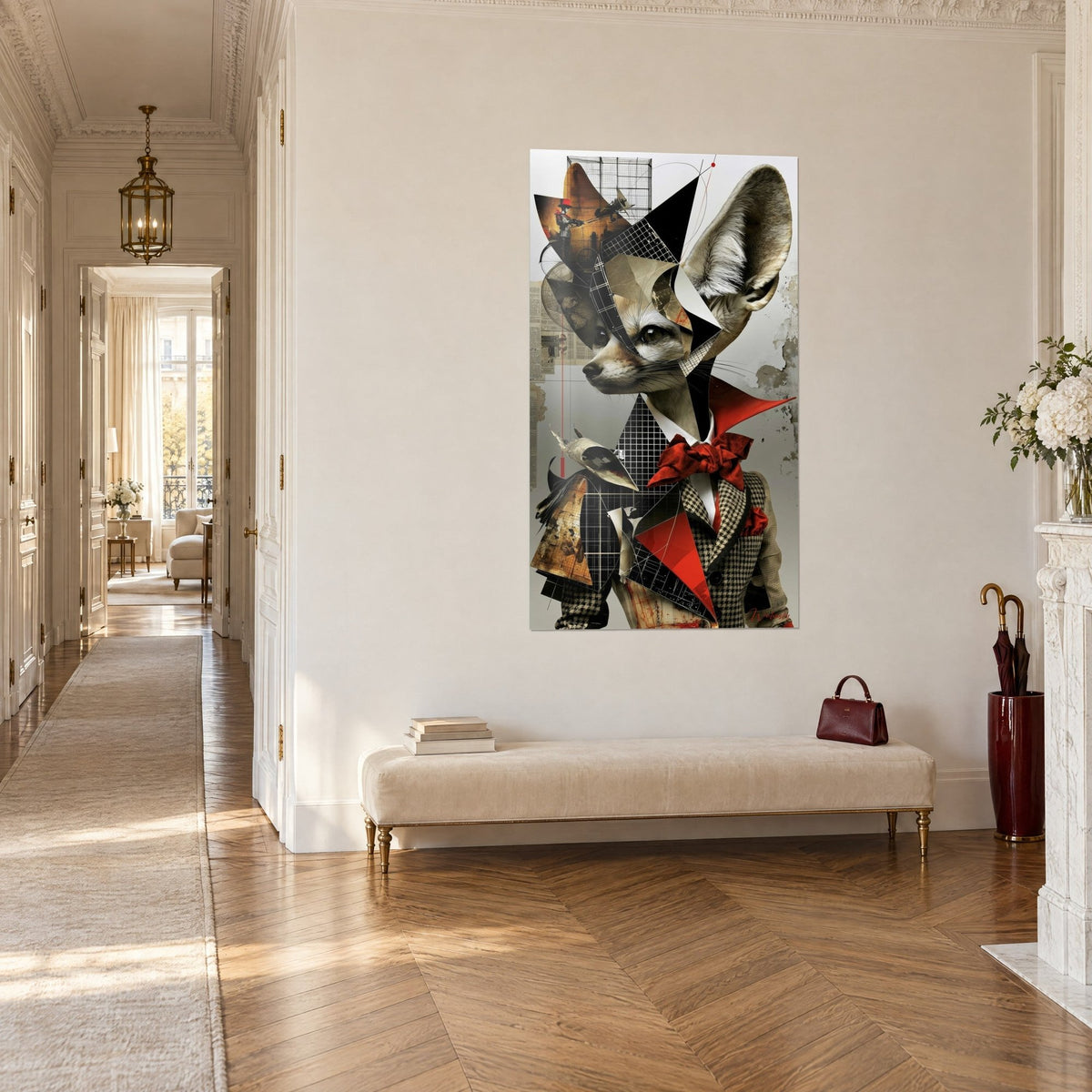 Wall art dandy fox made of black and red triangle collage, graphic checkerboard pattern and grey background, three-quarter view, Haussmann hallway