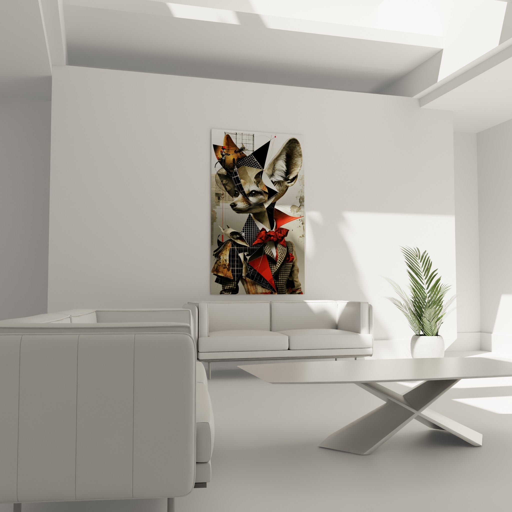 Silhouette du fennec au chapeau géométrique noir et rouge, placée au-dessus d'un canapé dans un salon lumineux