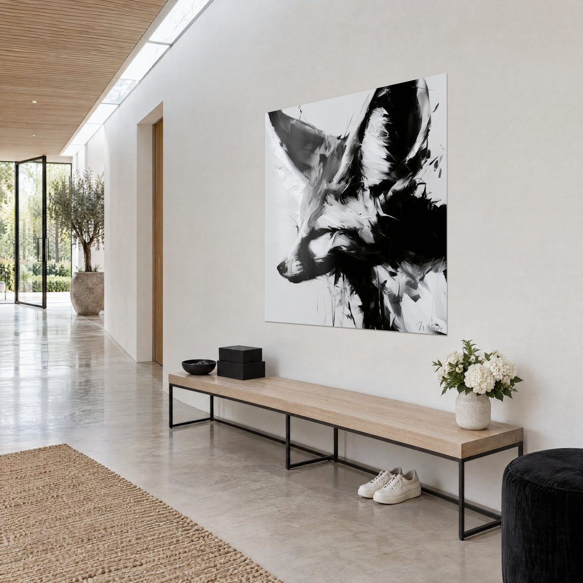 Wall art of a fennec fox in profile, glossy black muzzle, striped white fur, hung three-quarter view above a wooden bench