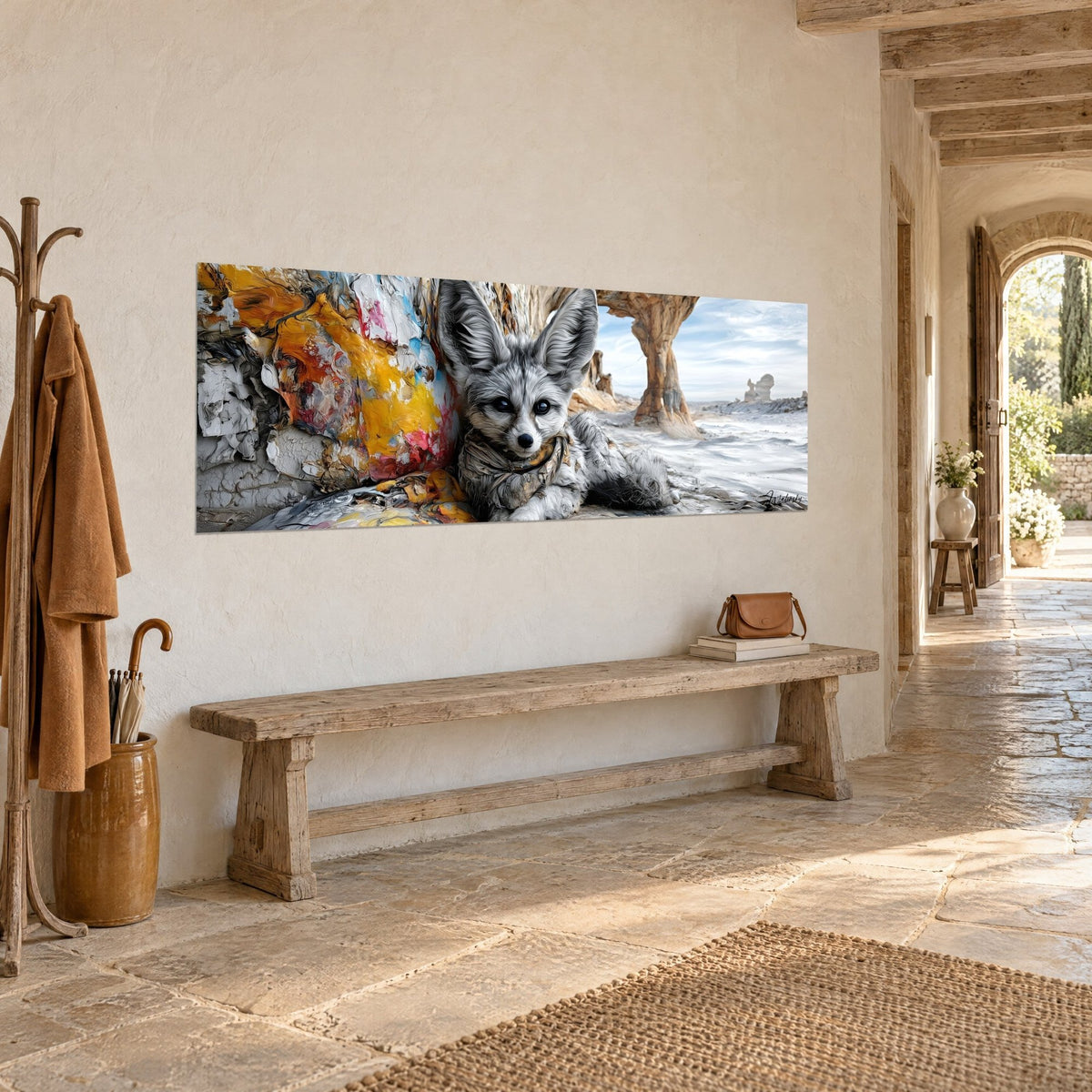 Wall art desert fox with a beige scarf, flaking orange and blue paint, ochre rock arch, three-quarter view, stone corridor
