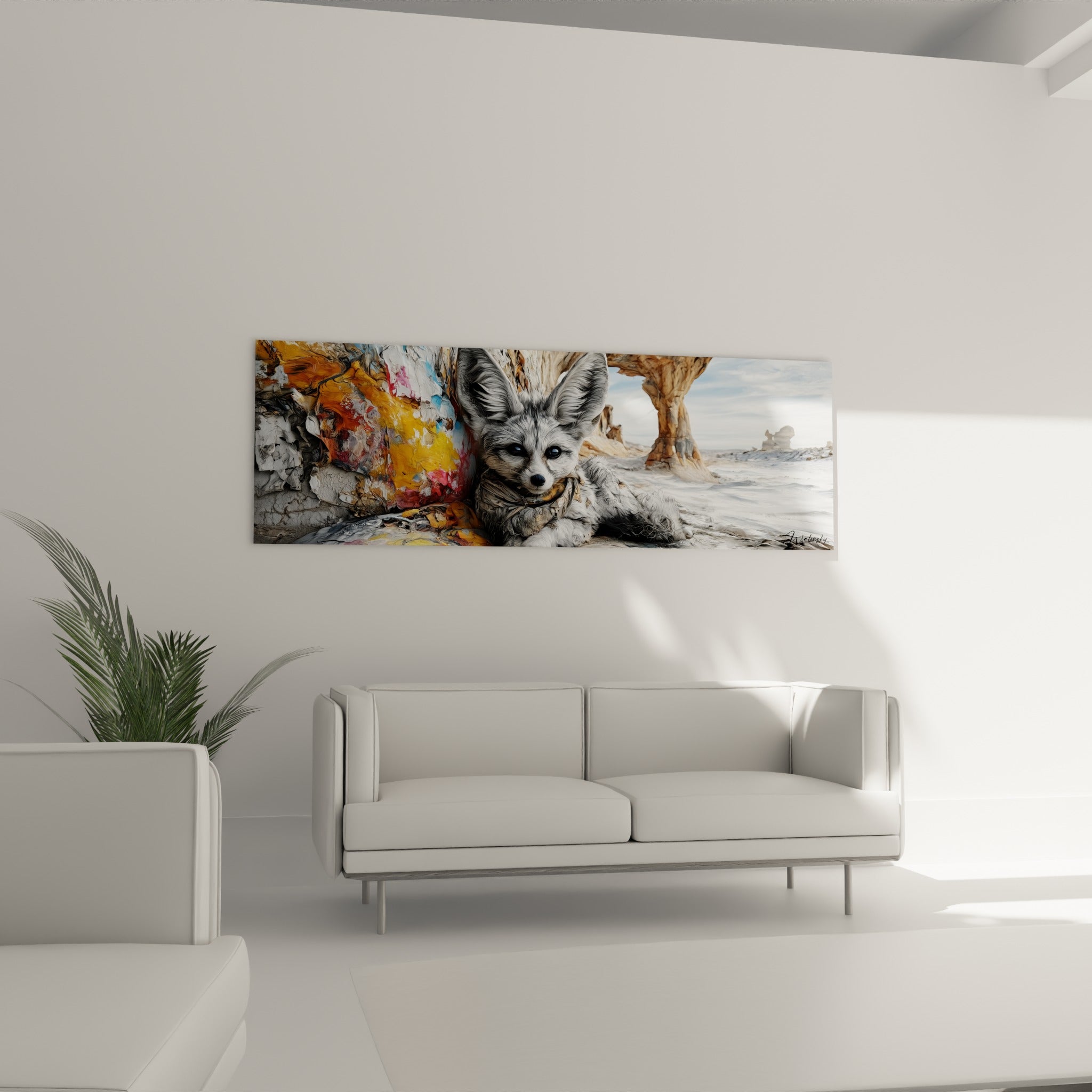 Animal du désert allongé sur fond ocre et blanc craquelé, au-dessus d'un canapé dans un salon lumineux