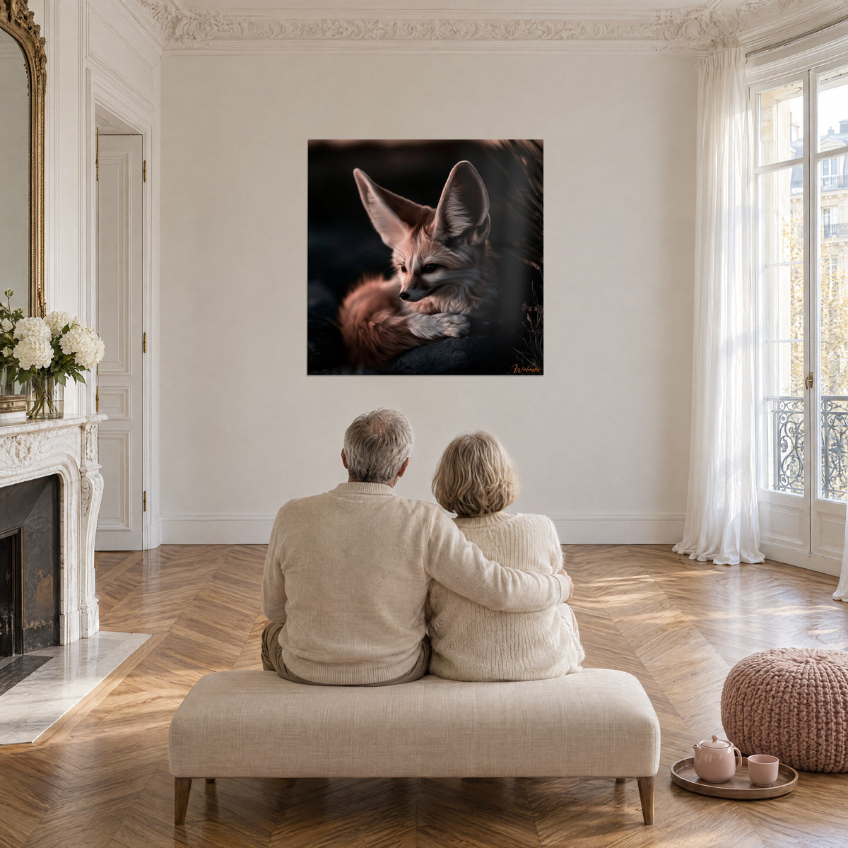 Cuadro de zorrito sahariano acurrucado sobre la piedra, pelaje rosado y fondo negro, admirado por una pareja sentada de espaldas en un banco beige