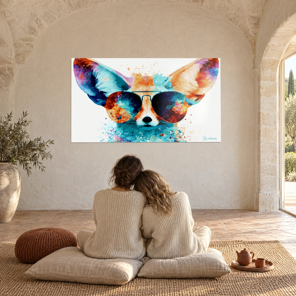 Quadro volpe fennec con occhiali da sole, orecchie sfumate blu e arancio, sfondo bianco schizzato, coppia abbracciata sui cuscini, casale assolato