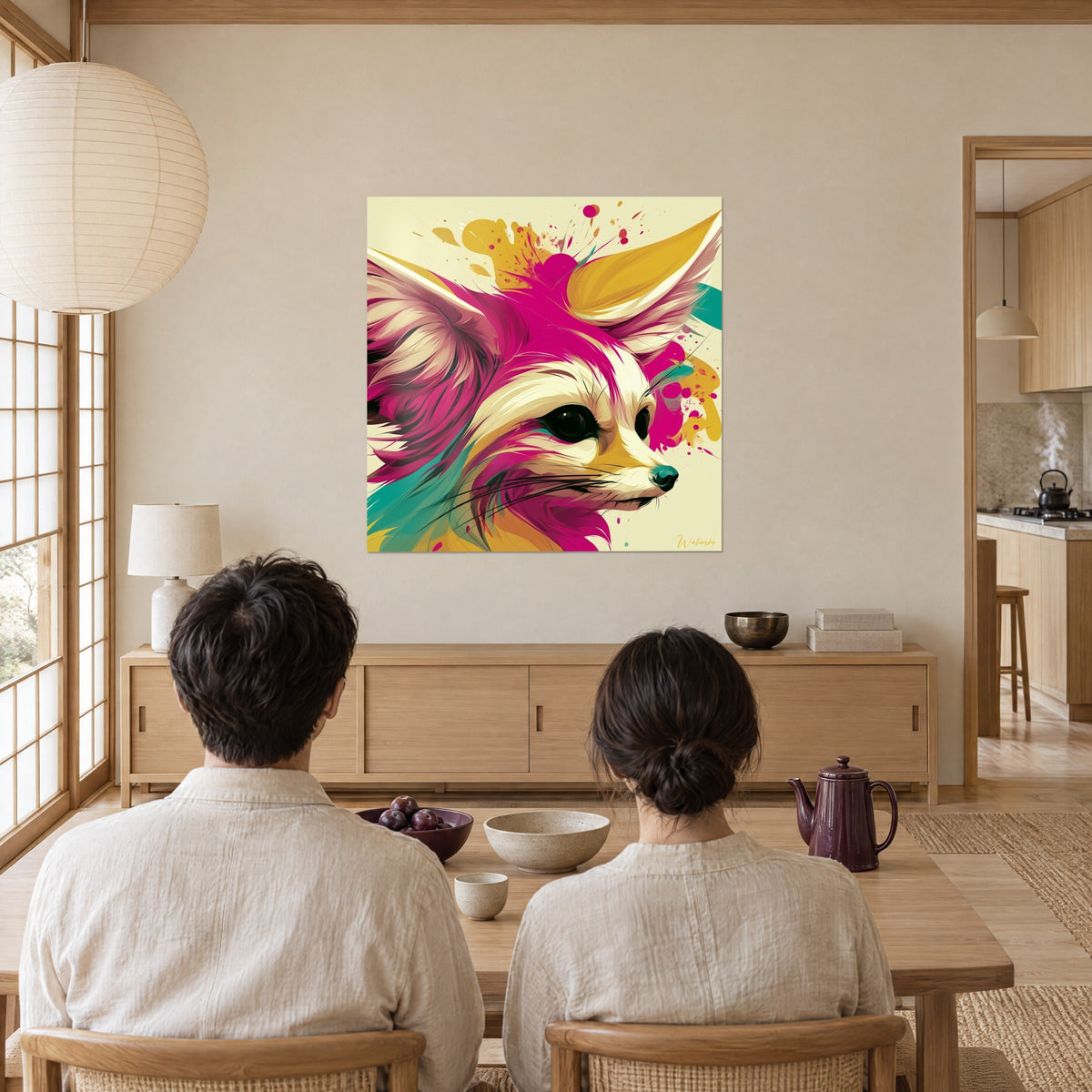 Cuadro de un cánido del Sáhara en ilustración pop, orejas fucsia y doradas, destellos turquesa, frente a una pareja sentada de espaldas a la mesa en una habitación japandi