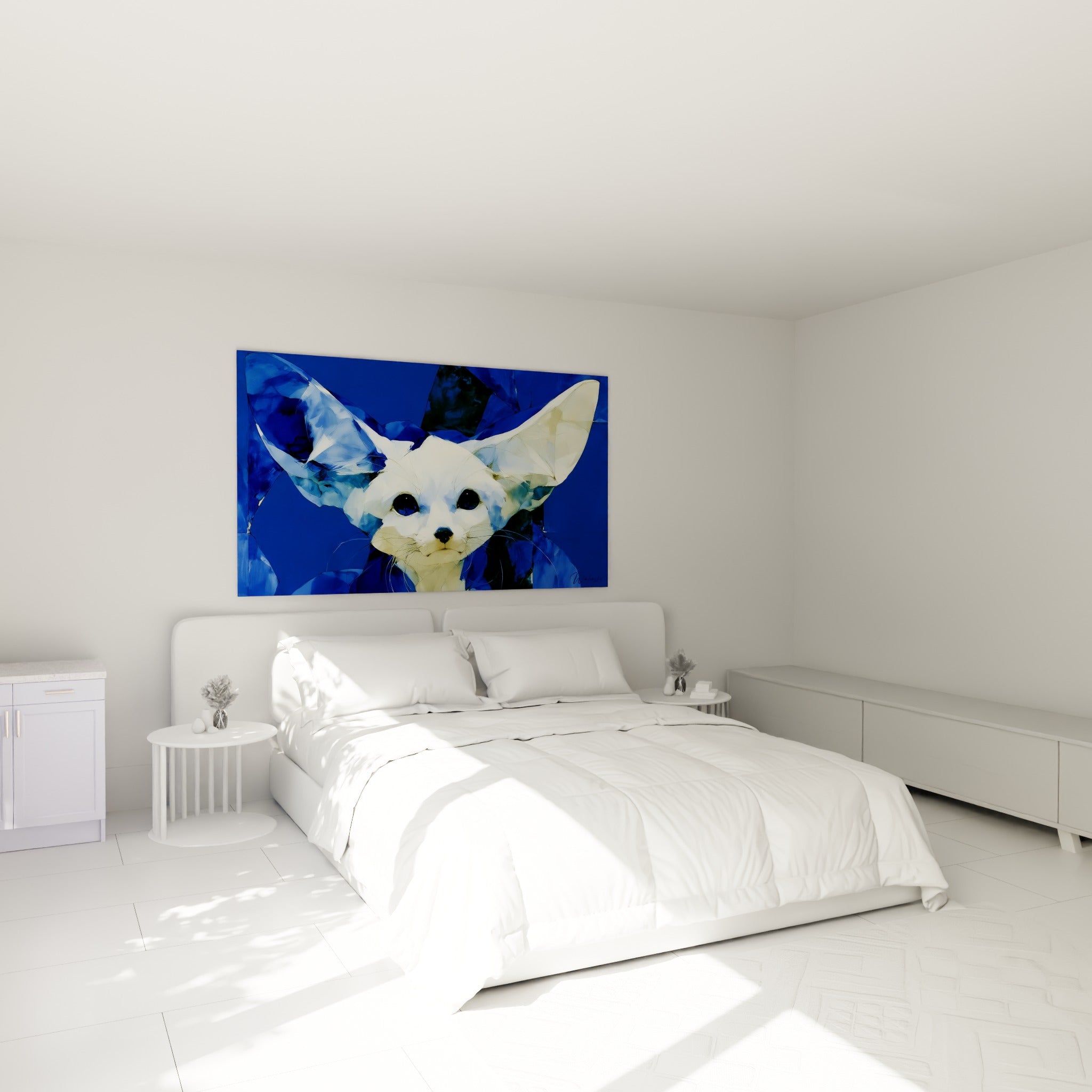 Grandes oreilles blanches du fennec se détachant en bleu marine, au-dessus d'un lit dans une chambre claire