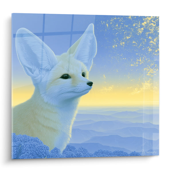 Tableau Fennec crème et bleu parmi les buissons - Éclaboussures dorées célestes - Edition Fennec