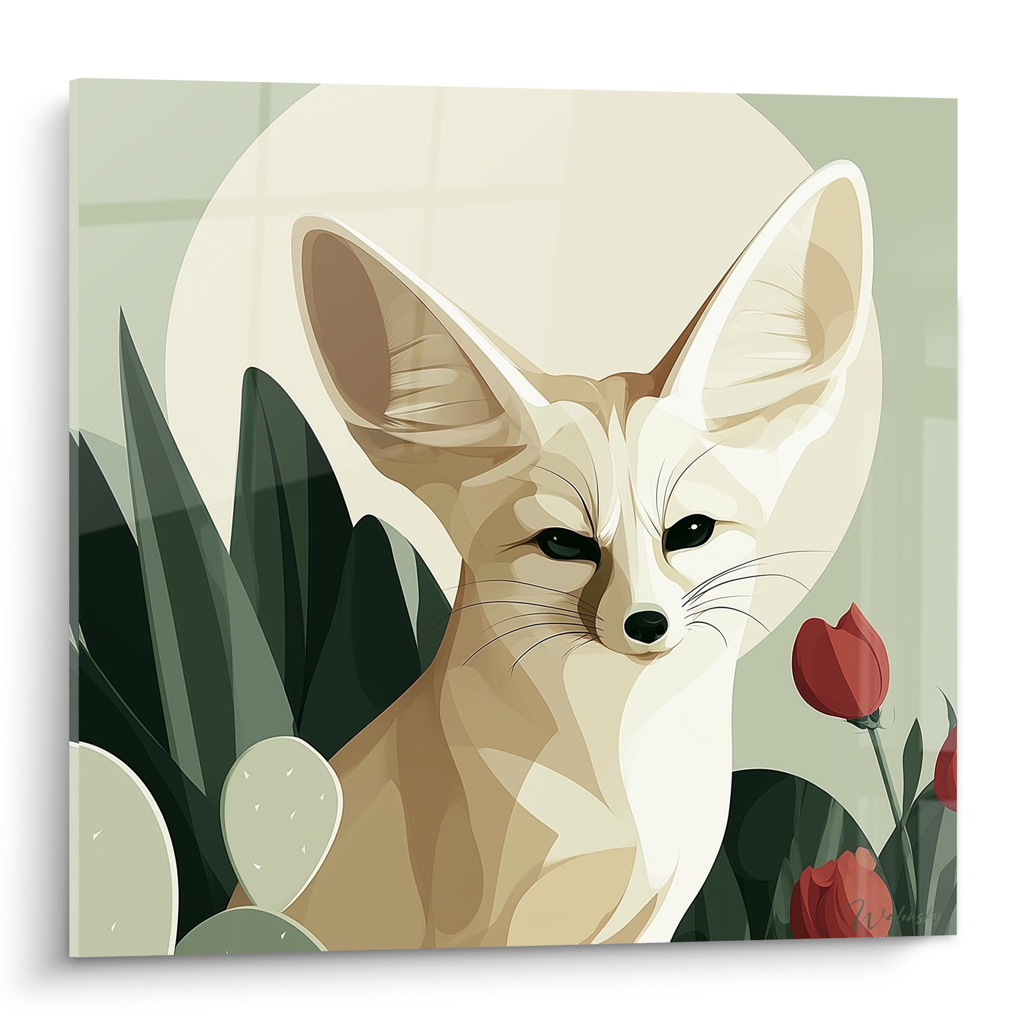 Fennec crème aux oreilles dressées entouré de cactus verts et d'une tulipe rouge