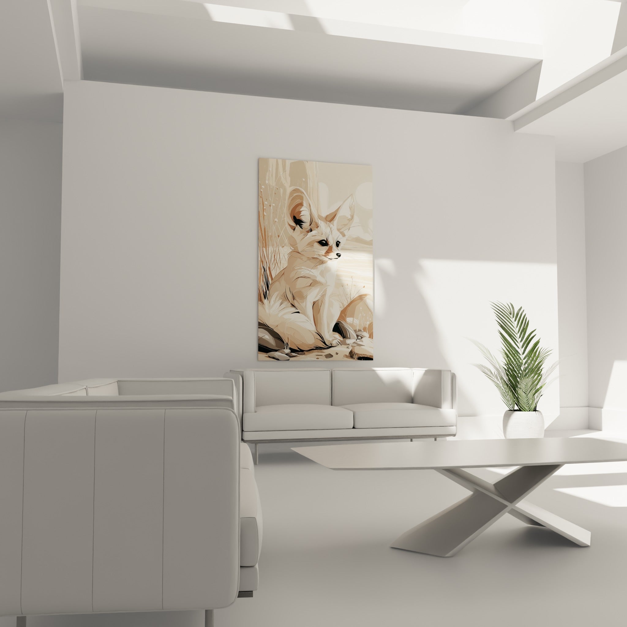 Fennec sable et crème assis parmi les pierres grises, au-dessus d'un canapé dans un salon lumineux