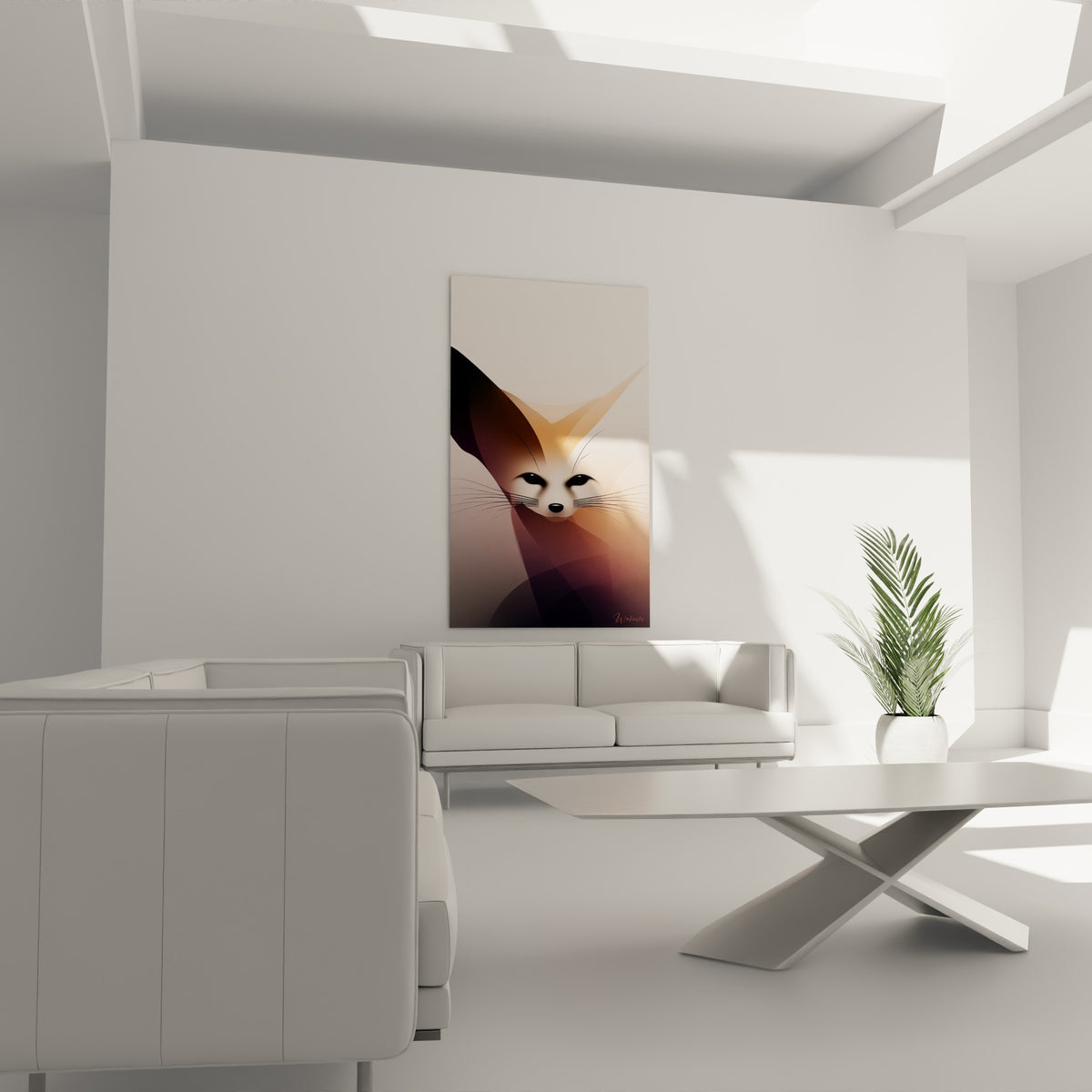 Silhouette du fennec en dégradé orange et violet foncé au-dessus d'un canapé dans un salon lumineux