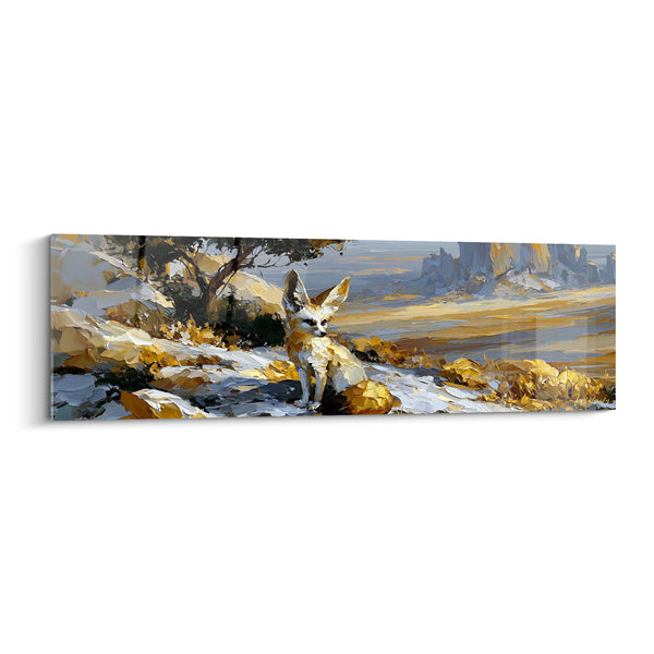 Tableau Fennec blanc et doré sous un arbre isolé - Falaises rocheuses au loin - Edition Fennec