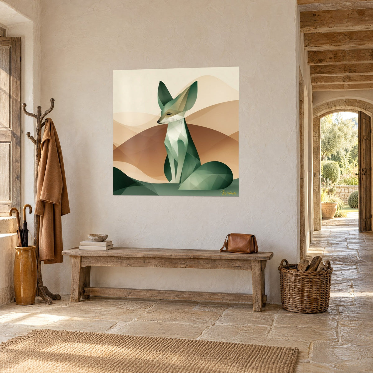Schilderij gestileerde fennek met zachte mintgroene en crème facetten, golvende okerkleurige heuvels, driekwart aanzicht in een stenen gang