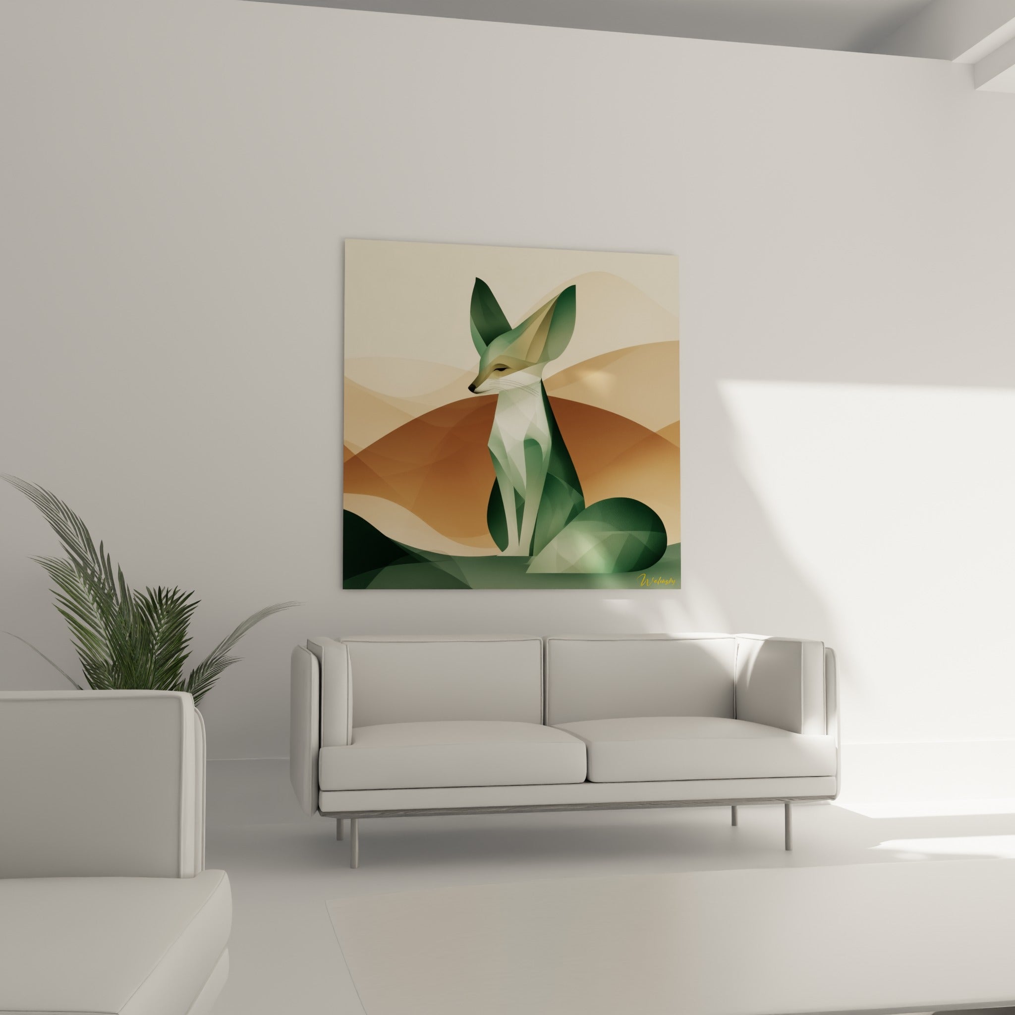 Renard des sables illustré en vert et ocre, suspendu au-dessus d'un canapé dans un salon lumineux