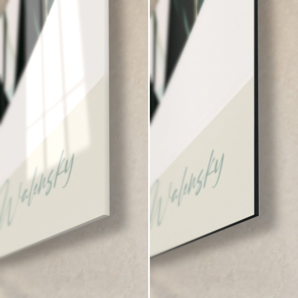 Wall art seated fennec fox in beige and white blocks, blue-green Walensky signature, bottom right corner in glossy glass and matte black Dibond