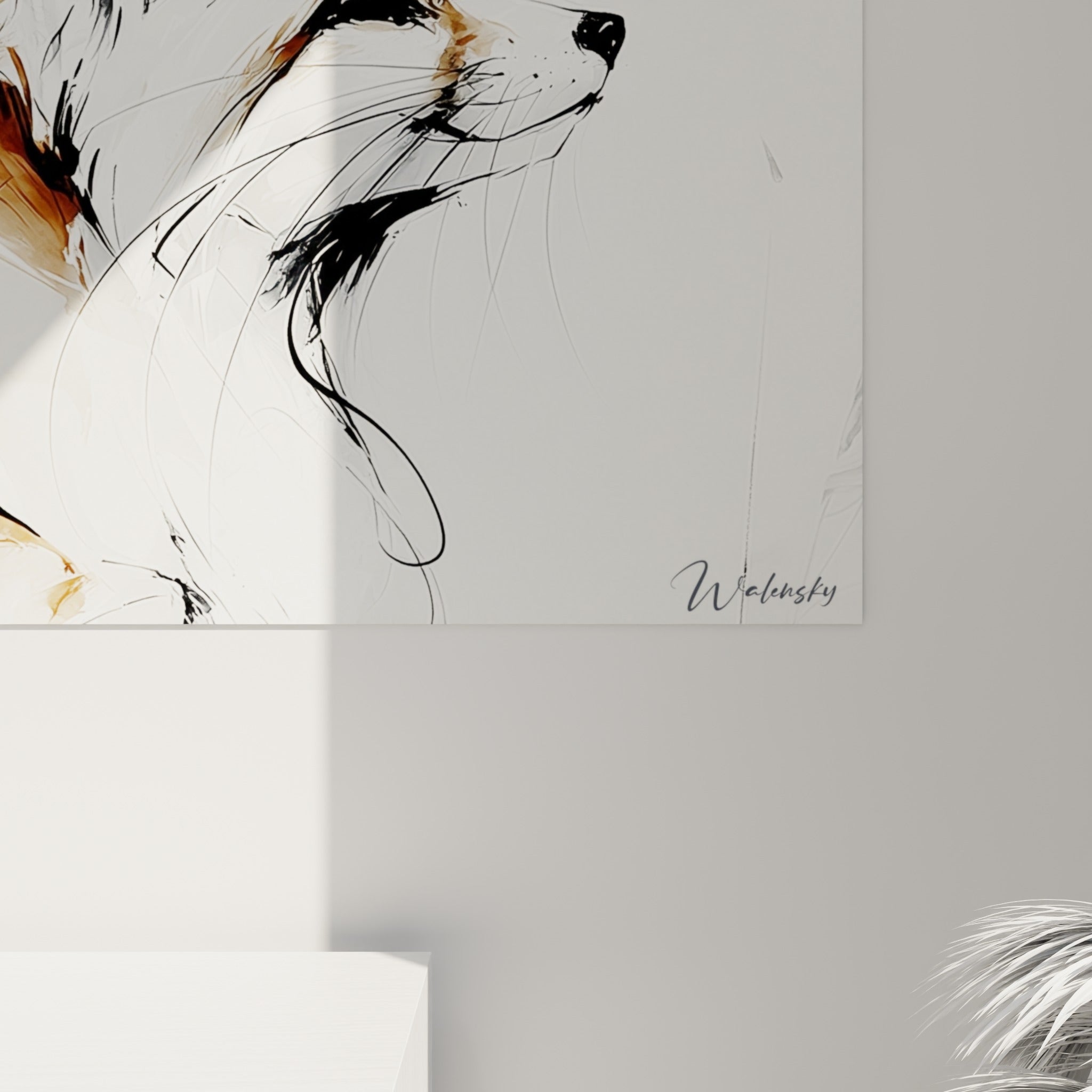 Détail des empâtements noirs et coulures ocre formant les oreilles et le museau du fennec sur la toile