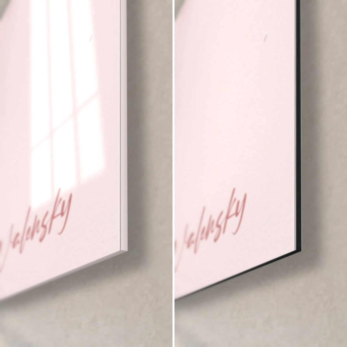 Gemälde kleiner blau-rosa Wüstenfuchs, Signatur Walensky unten rechts, glänzendes Glas links, matt Dibond rechts, 3 mm Stärke
