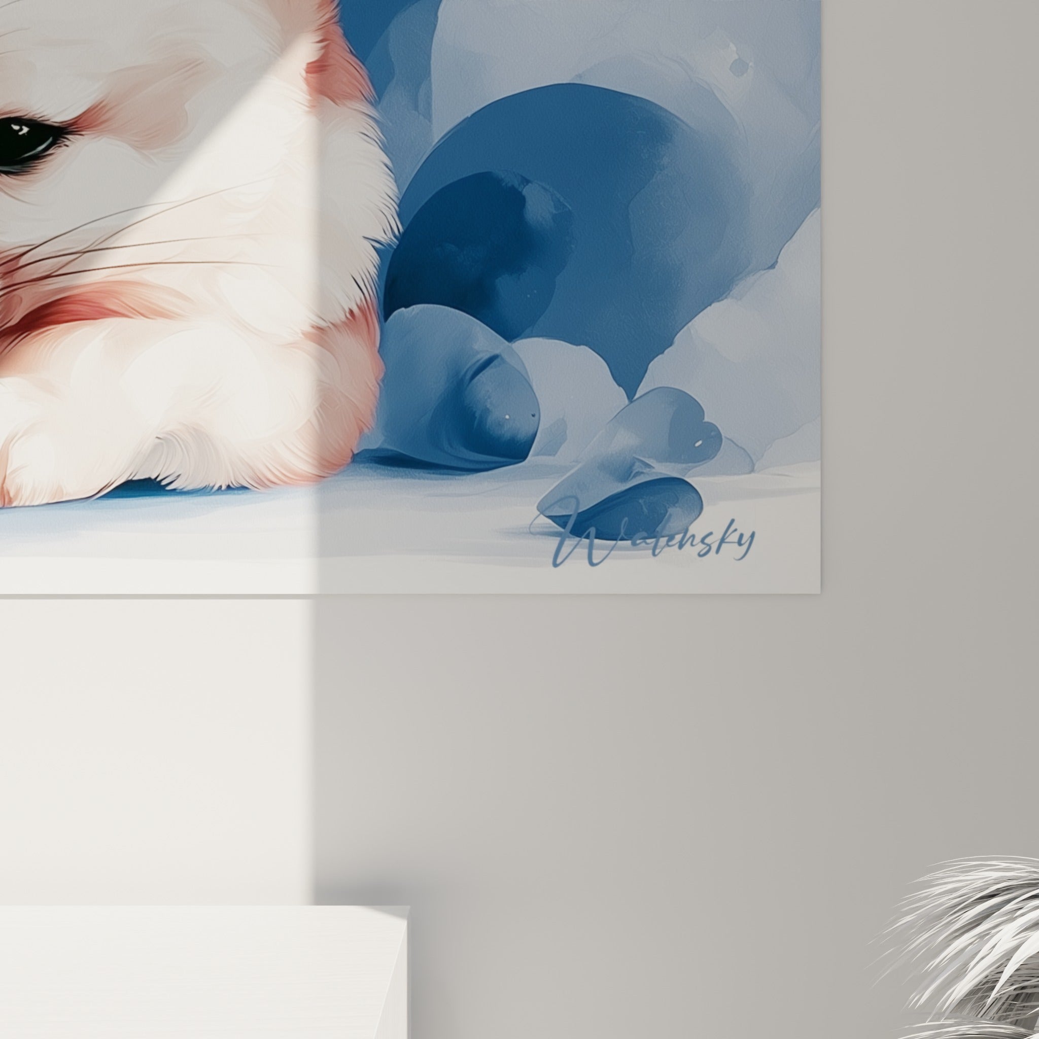 Détail du pelage rosé et des touches bleu marine du fennec, grain fin et coulures d'aquarelle visibles
