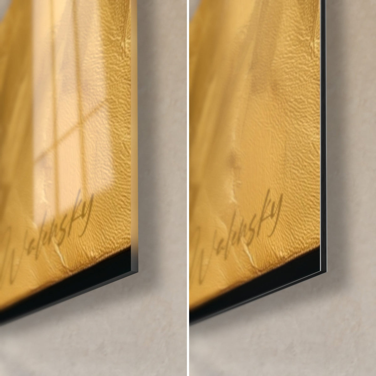 Wall art of a small white and gold canid, bottom right corner: glossy acrylic glass on the left, matte Dibond aluminum on the right, 3 mm edge