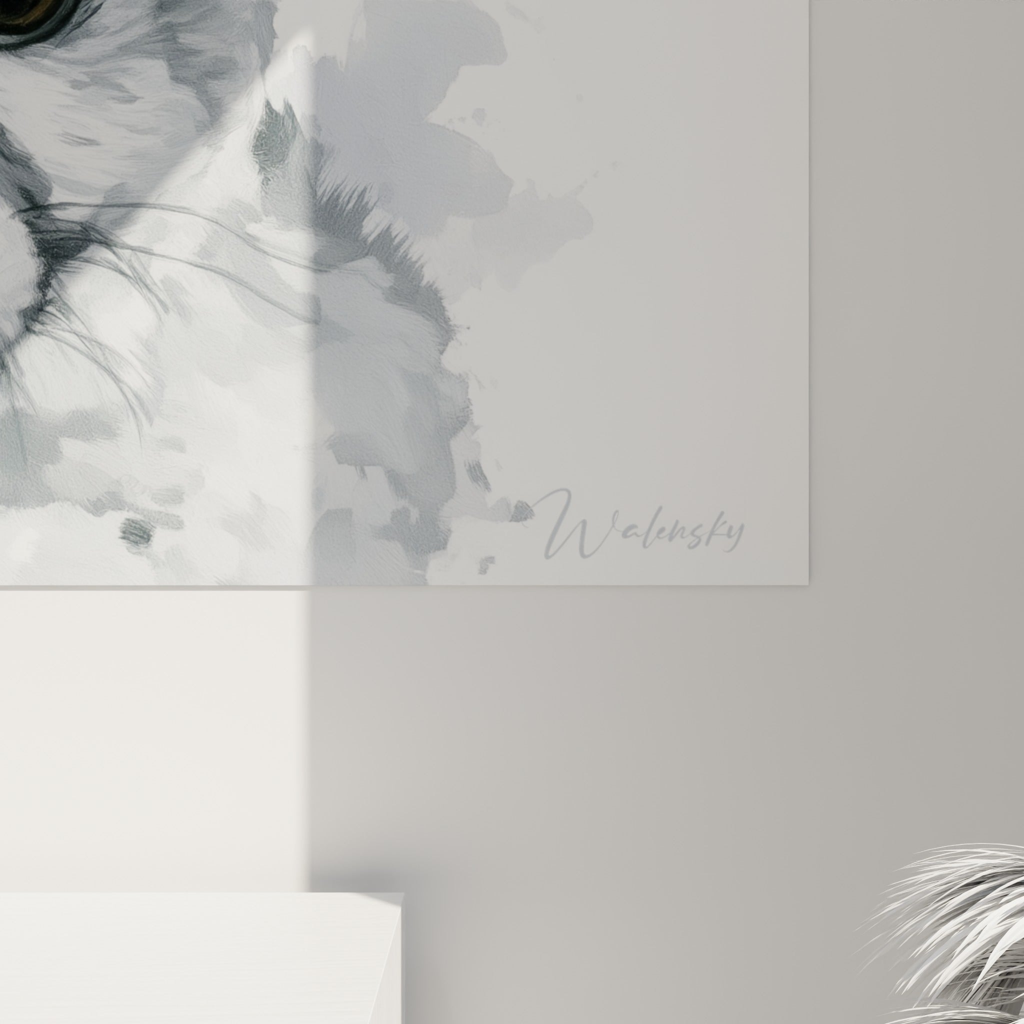 Détail des empâtements aquarelle gris et orangés sur les oreilles du fennec, grain et coulures visibles