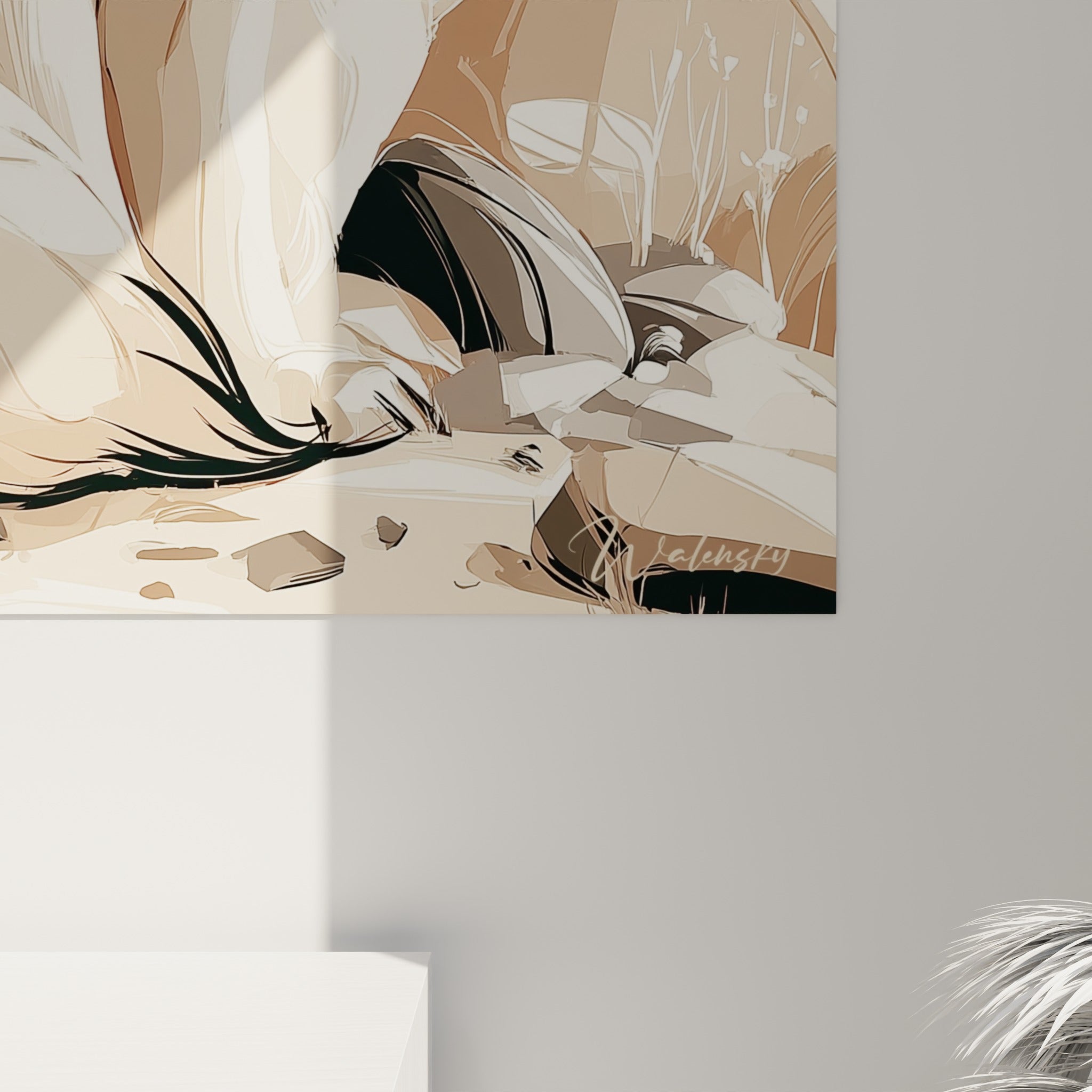 Détail du pelage beige et des oreilles anthracite du fennec, traits graphiques nets et texture d'impression visible