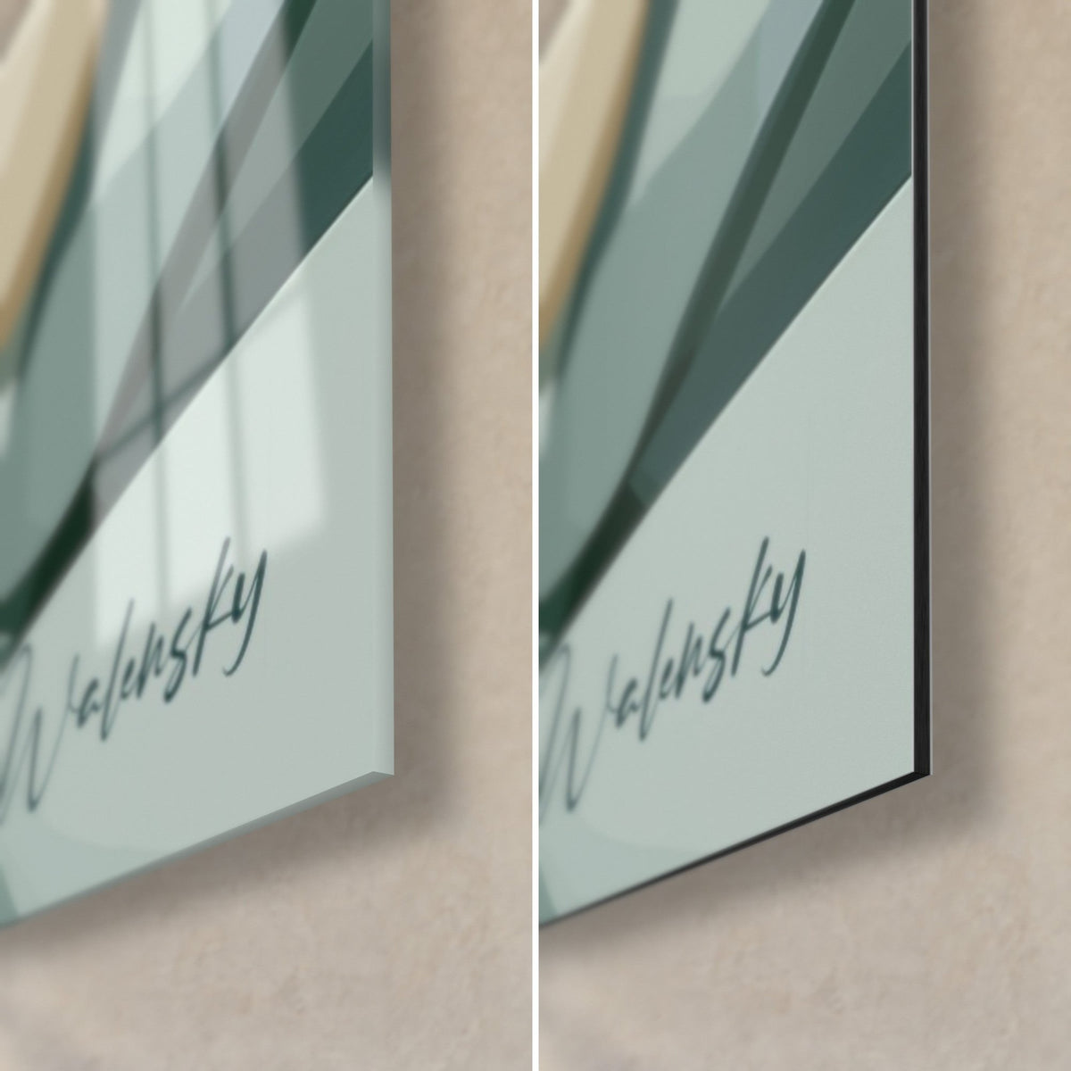 Wall art small cream desert fox, Walensky signature bottom right, glossy glass on the left, matte Dibond aluminium on the right