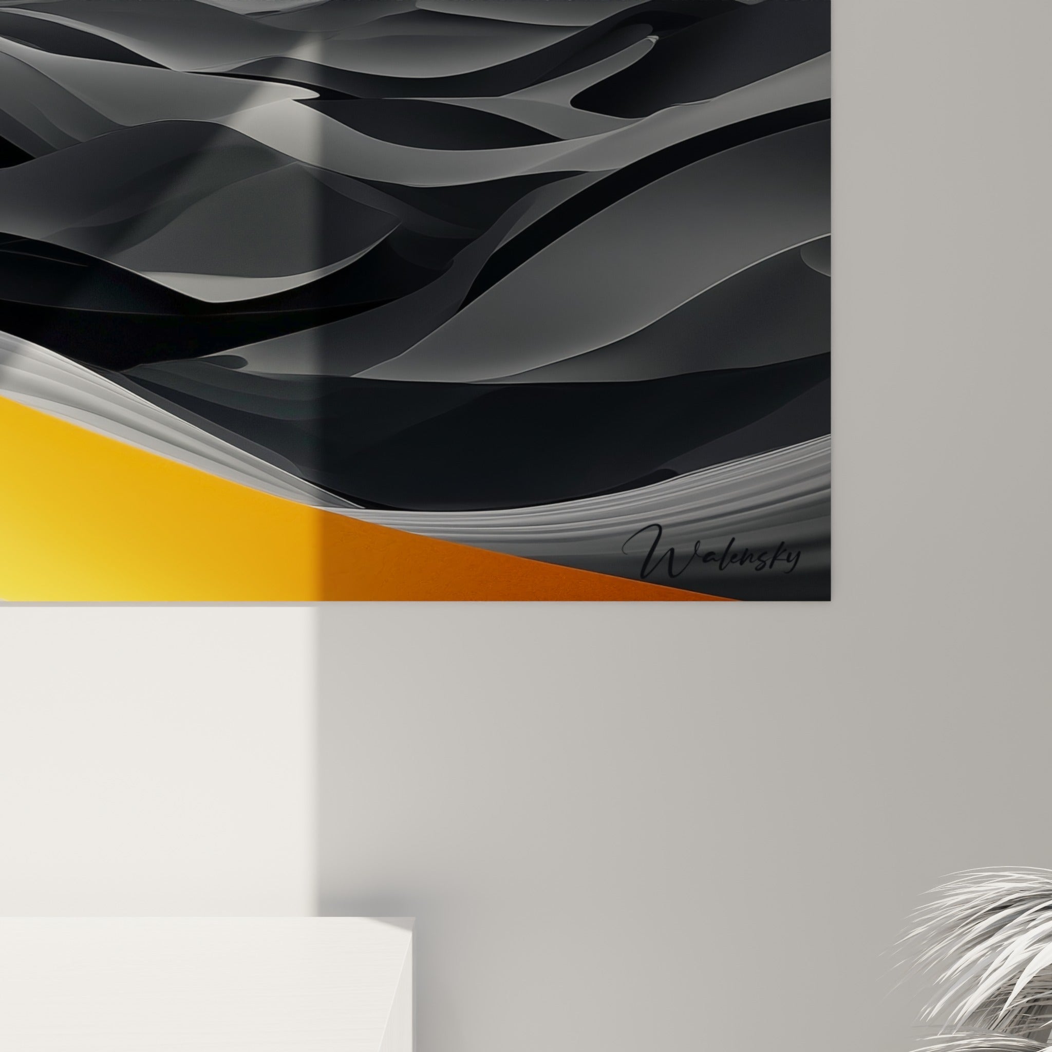 Détail des plis anthracite et orange évoquant les dunes, matière lisse et contrastes marqués de l'impression