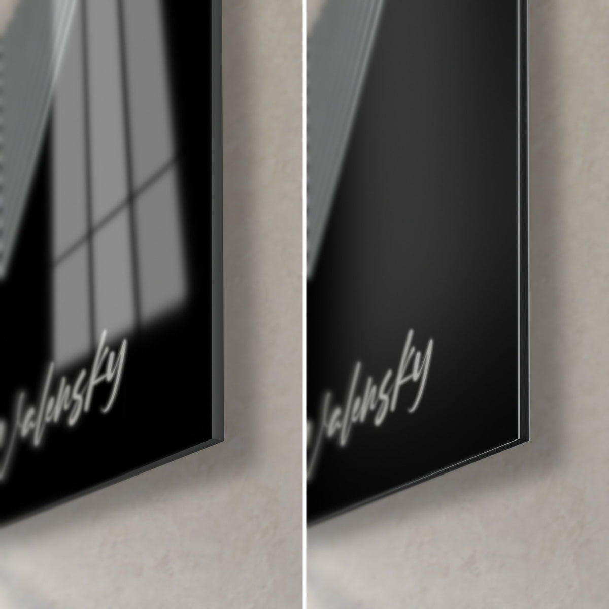 Cuadro fennec en blanco y negro, esquina inferior derecha con firma Walensky, vidrio acrílico brillante con reflejos de ventana frente al aluminio Dibond mate, grosor de 3 mm