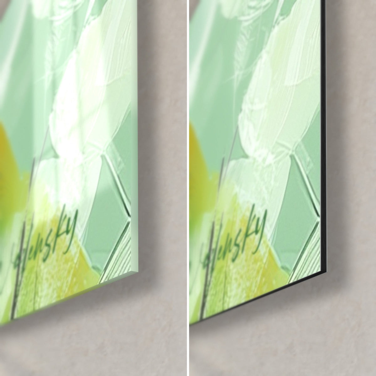 Wall art stylized fennec fox, bottom right corner: glossy glass on the left, matte black Dibond aluminium on the right, yellow and green signature, 3 mm edge