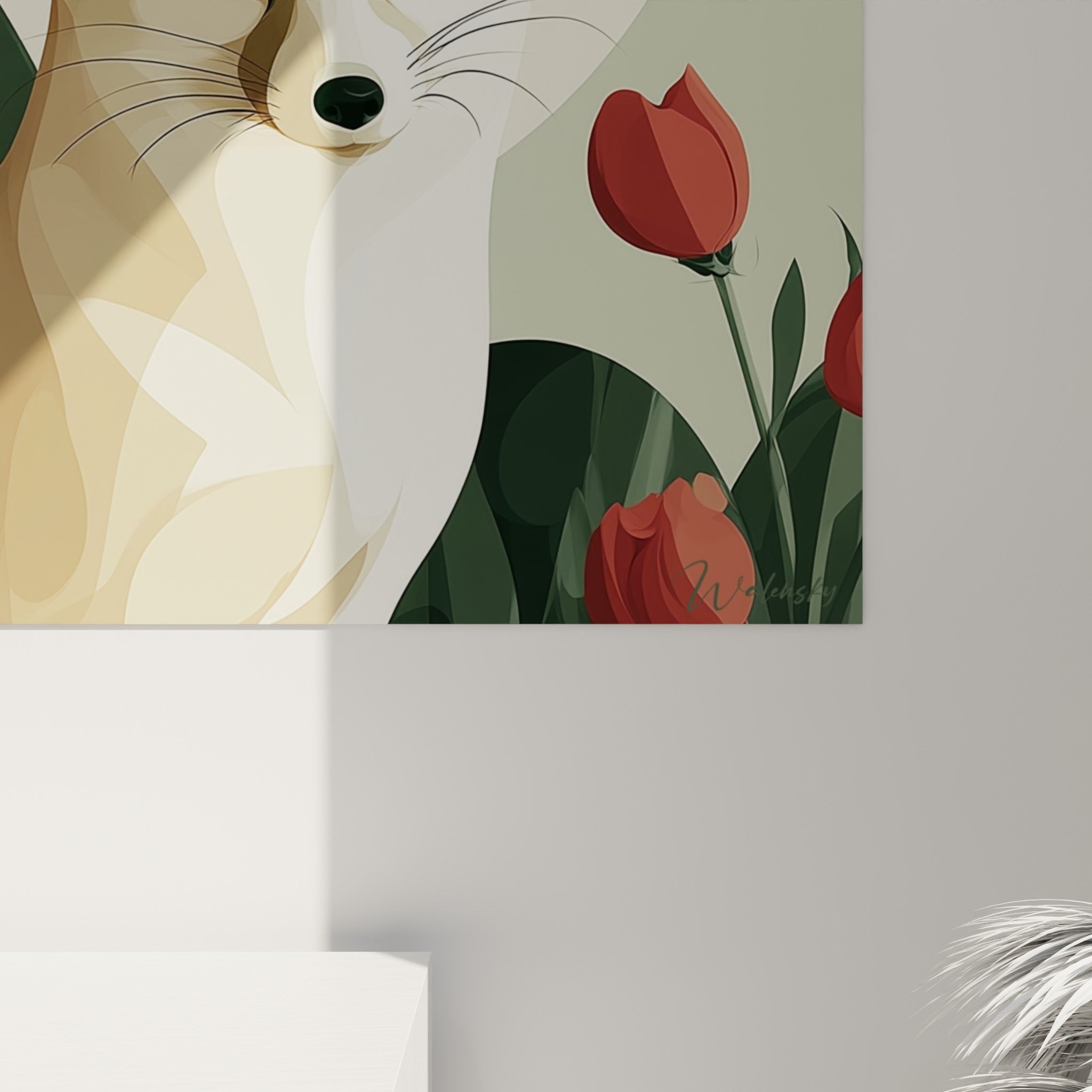 Détail des empâtements sur les oreilles crème du fennec et des pétales rouges de la tulipe