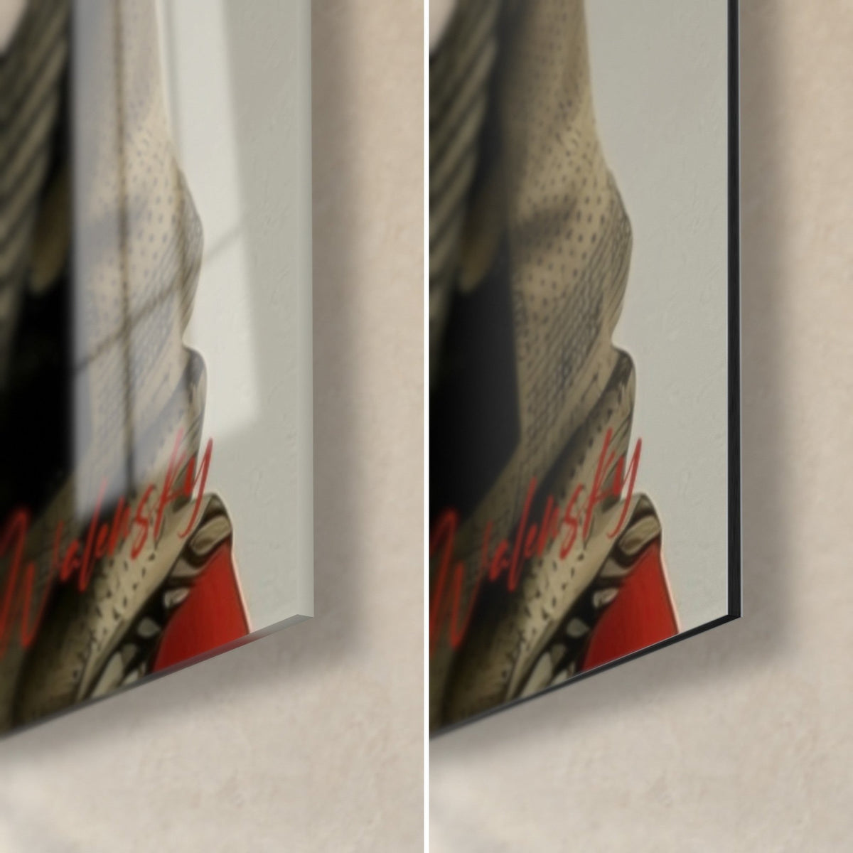 Wall art dandy fox, bottom right corner: houndstooth lapel and red signature, glossy glass on the left, matte Dibond on the right