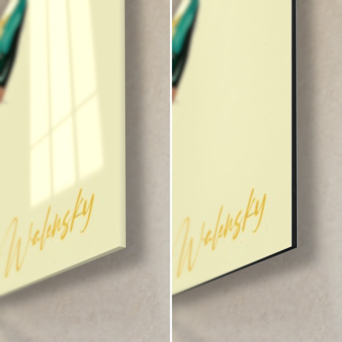 Cuadro de un pequeño zorro del desierto, esquina inferior derecha: firma dorada Walensky sobre fondo amarillo pálido, cristal brillante y Dibond negro mate de 3 mm